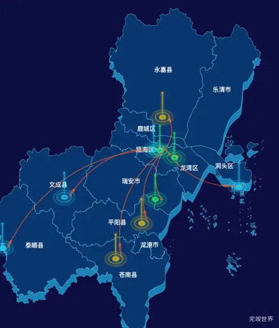 echarts温州市地区地图geoJson数据-飞线图